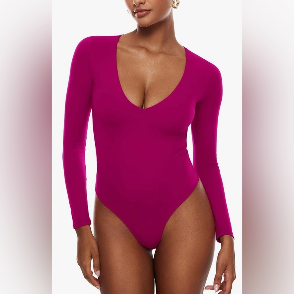 Magenta Long Sleeve Deep V Body Suit - Small NWT